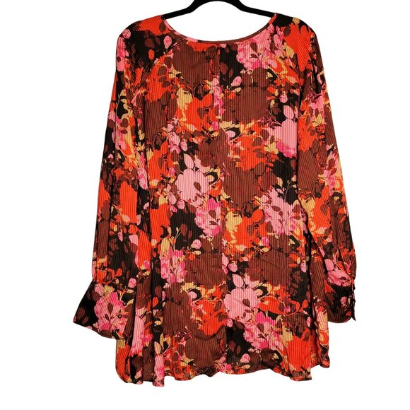 NWT Lane Bryant Women's 22 Pleated Long Sleeve Floral Blouse Keyhole Red Pink Br - Picture 2 of 9